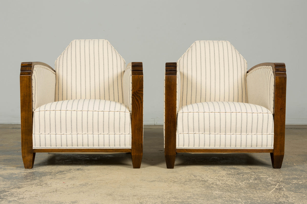 Pair of 1930s French Art Deco Oak Lounge Chairs in Blue Striped Fabric