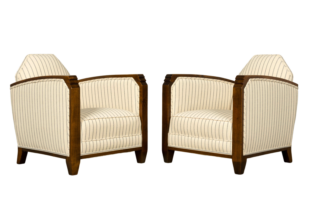 Pair of 1930s French Art Deco Oak Lounge Chairs in Blue Striped Fabric