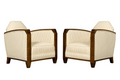 Pair of 1930s French Art Deco Oak Lounge Chairs in Blue Striped Fabric
