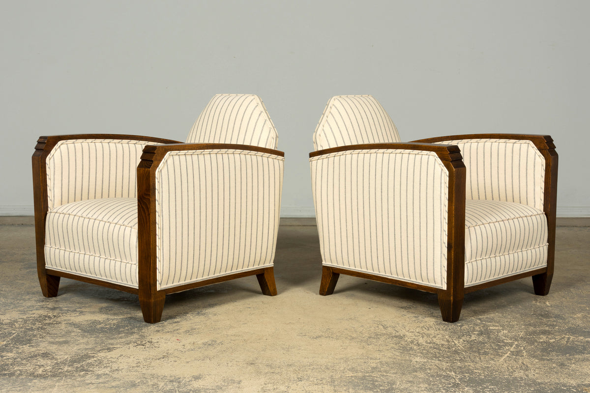 Pair of 1930s French Art Deco Oak Lounge Chairs in Blue Striped Fabric