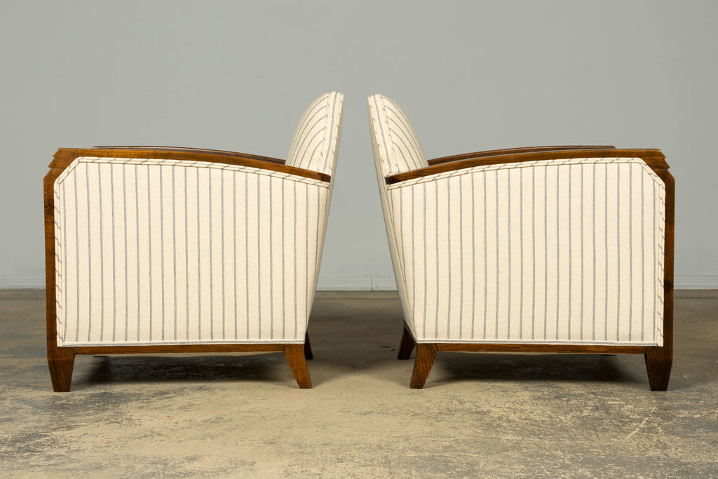 Pair of 1930s French Art Deco Oak Lounge Chairs in Blue Striped Fabric