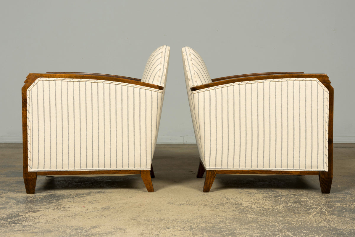 Pair of 1930s French Art Deco Oak Lounge Chairs in Blue Striped Fabric