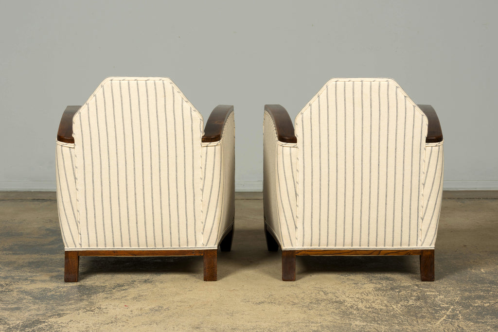 Pair of 1930s French Art Deco Oak Lounge Chairs in Blue Striped Fabric