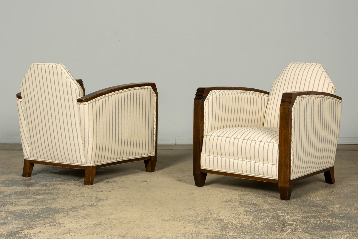 Pair of 1930s French Art Deco Oak Lounge Chairs in Blue Striped Fabric