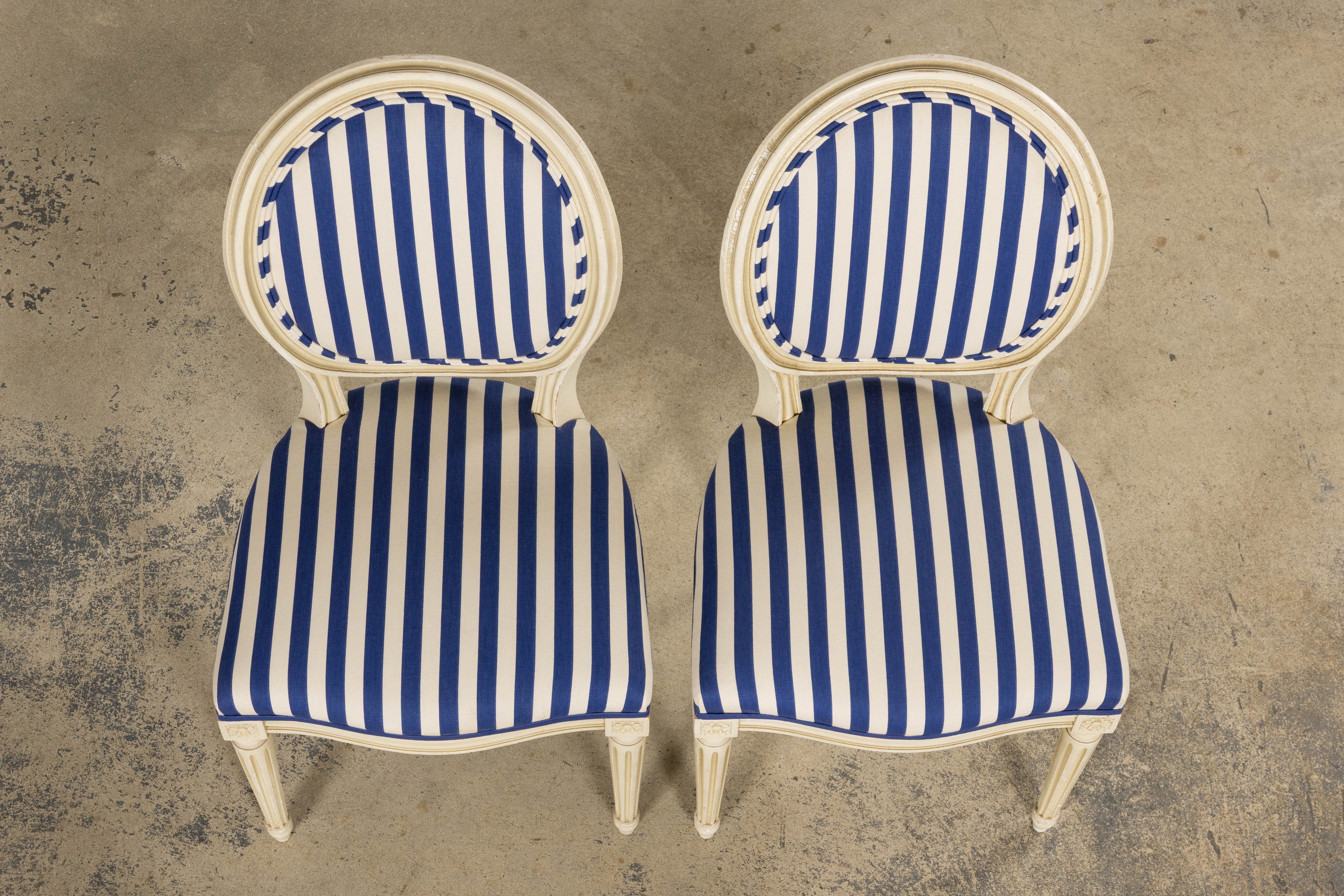 Pair of Antique French Louis XVI Style Painted Side Chairs in Blue Stripe