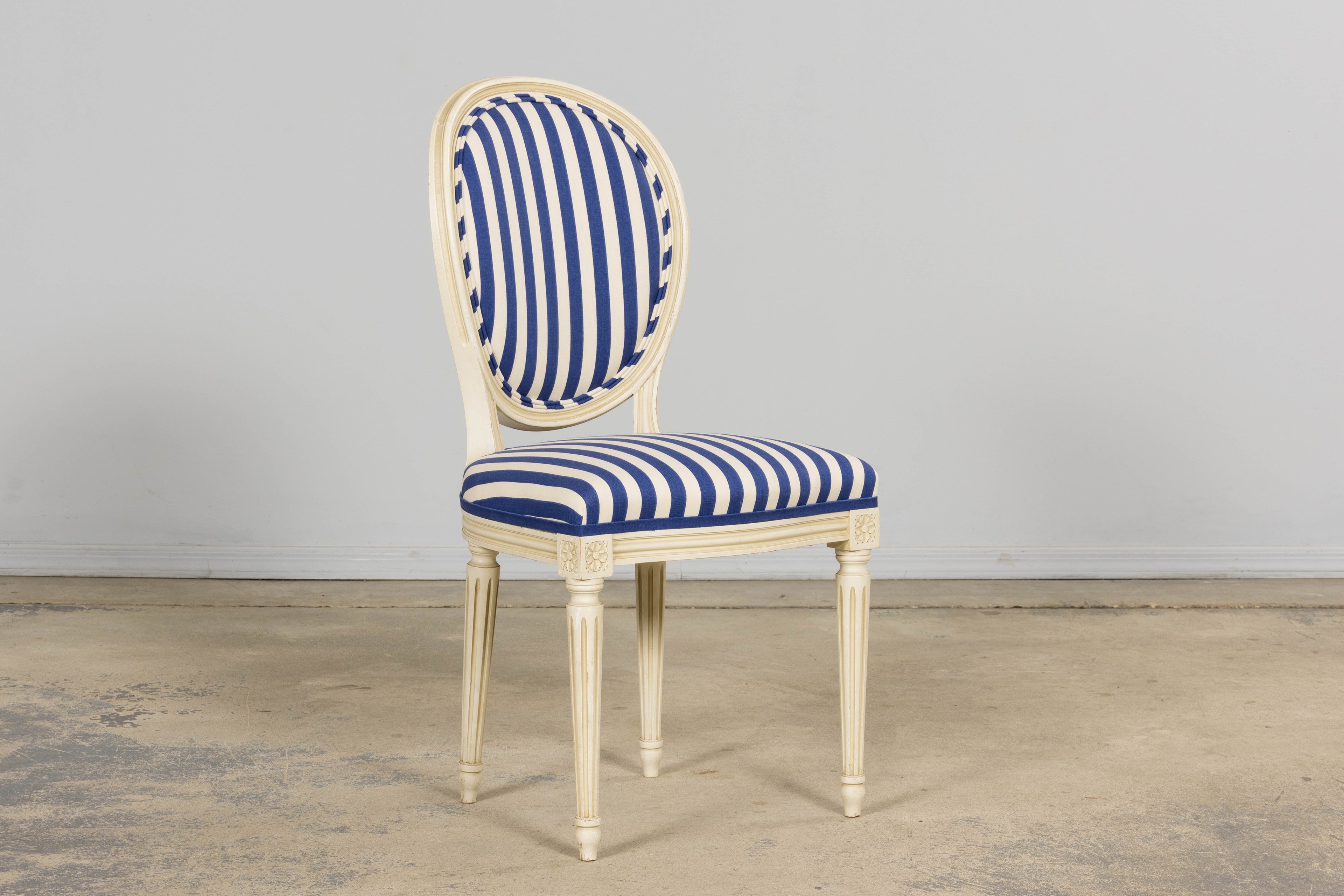 Pair of Antique French Louis XVI Style Painted Side Chairs in Blue Stripe