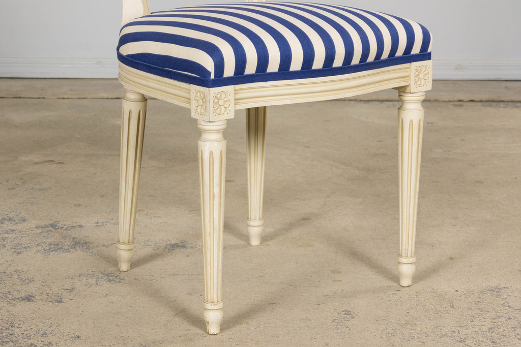 Pair of Antique French Louis XVI Style Painted Side Chairs in Blue Stripe