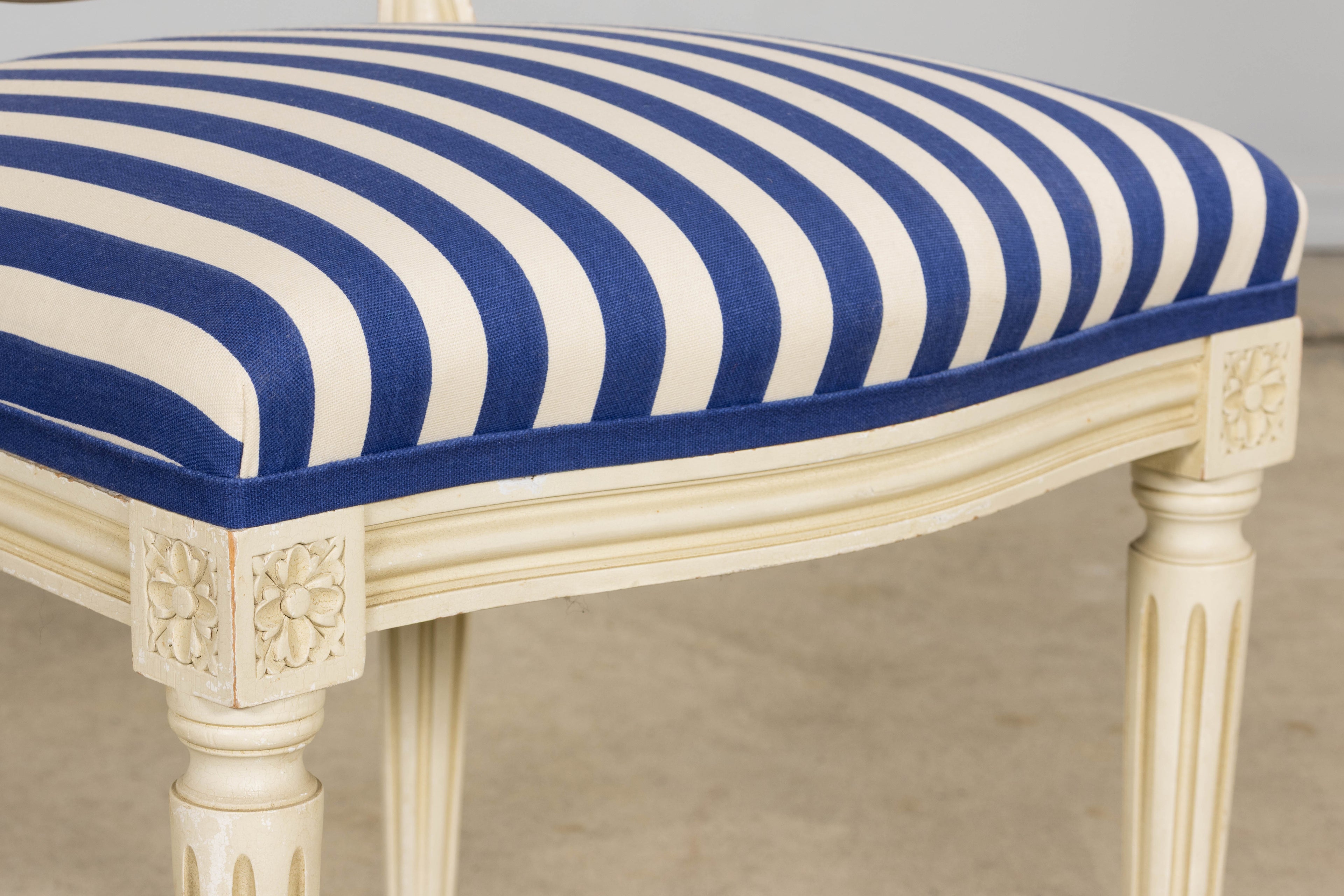 Pair of Antique French Louis XVI Style Painted Side Chairs in Blue Stripe