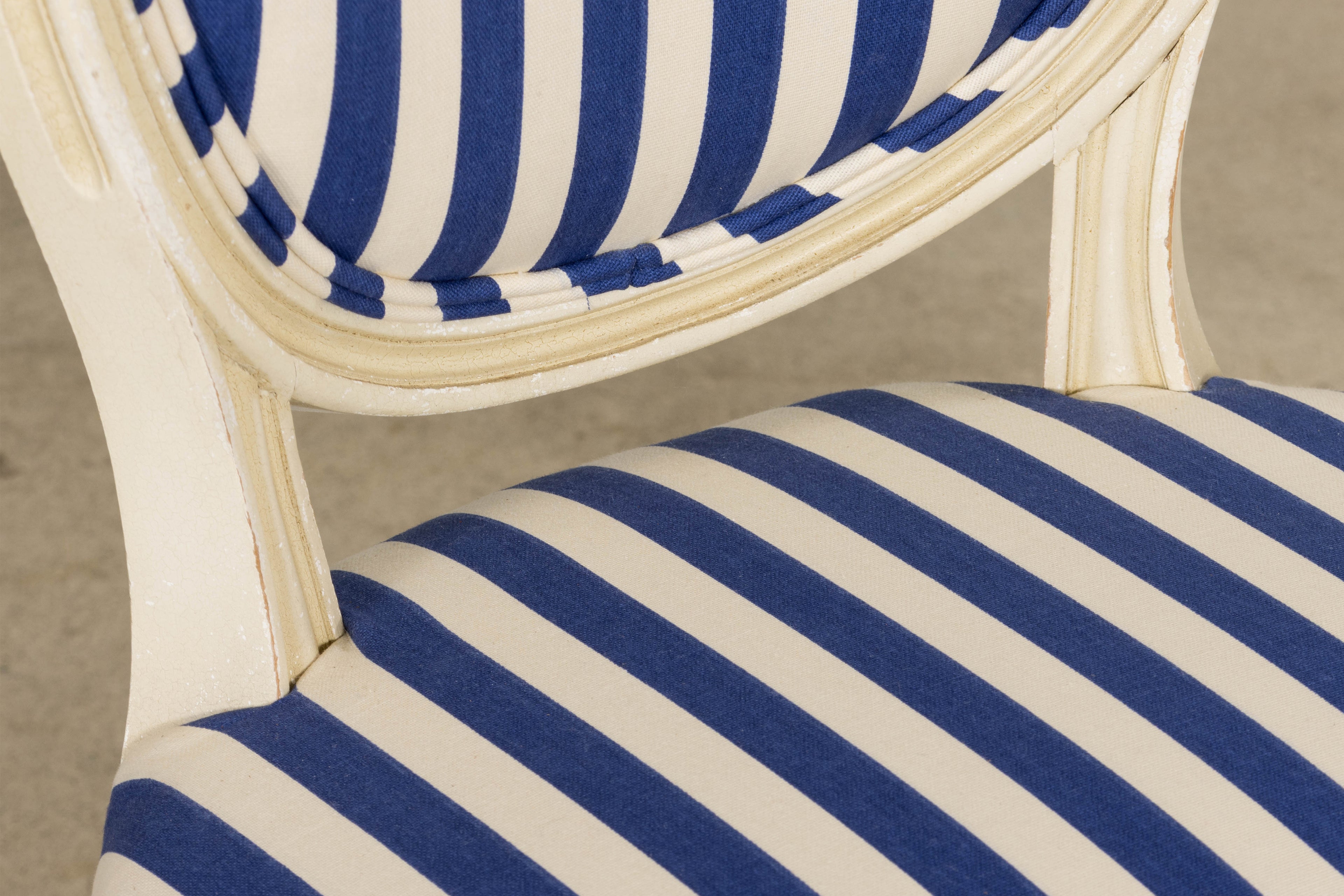 Pair of Antique French Louis XVI Style Painted Side Chairs in Blue Stripe
