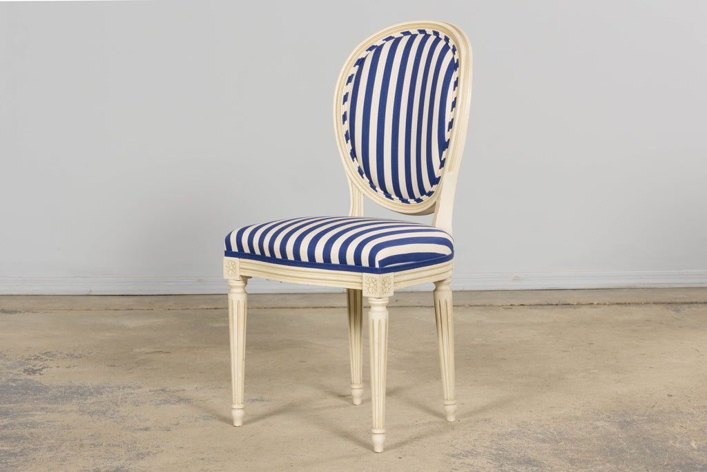 Pair of Antique French Louis XVI Style Painted Side Chairs in Blue Stripe