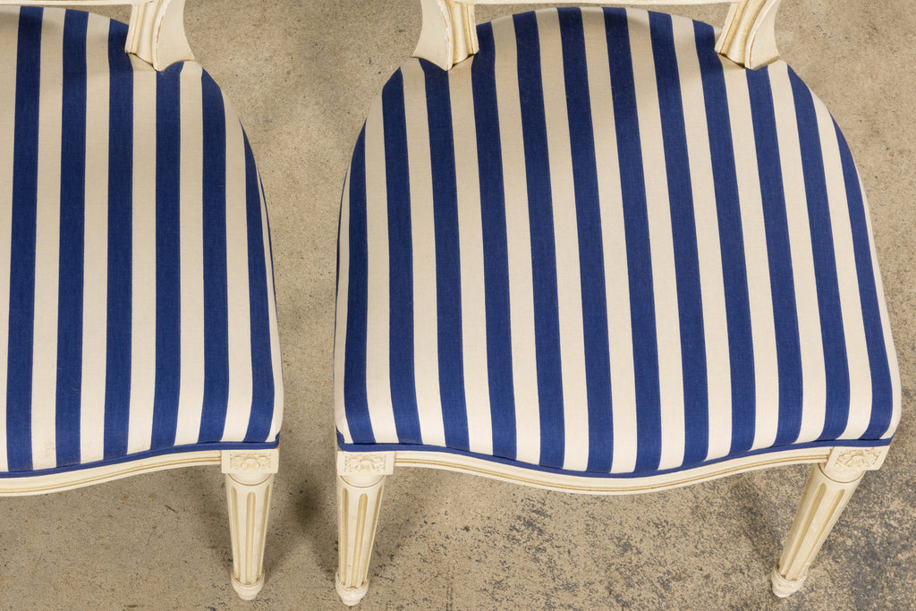 Pair of Antique French Louis XVI Style Painted Side Chairs in Blue Stripe