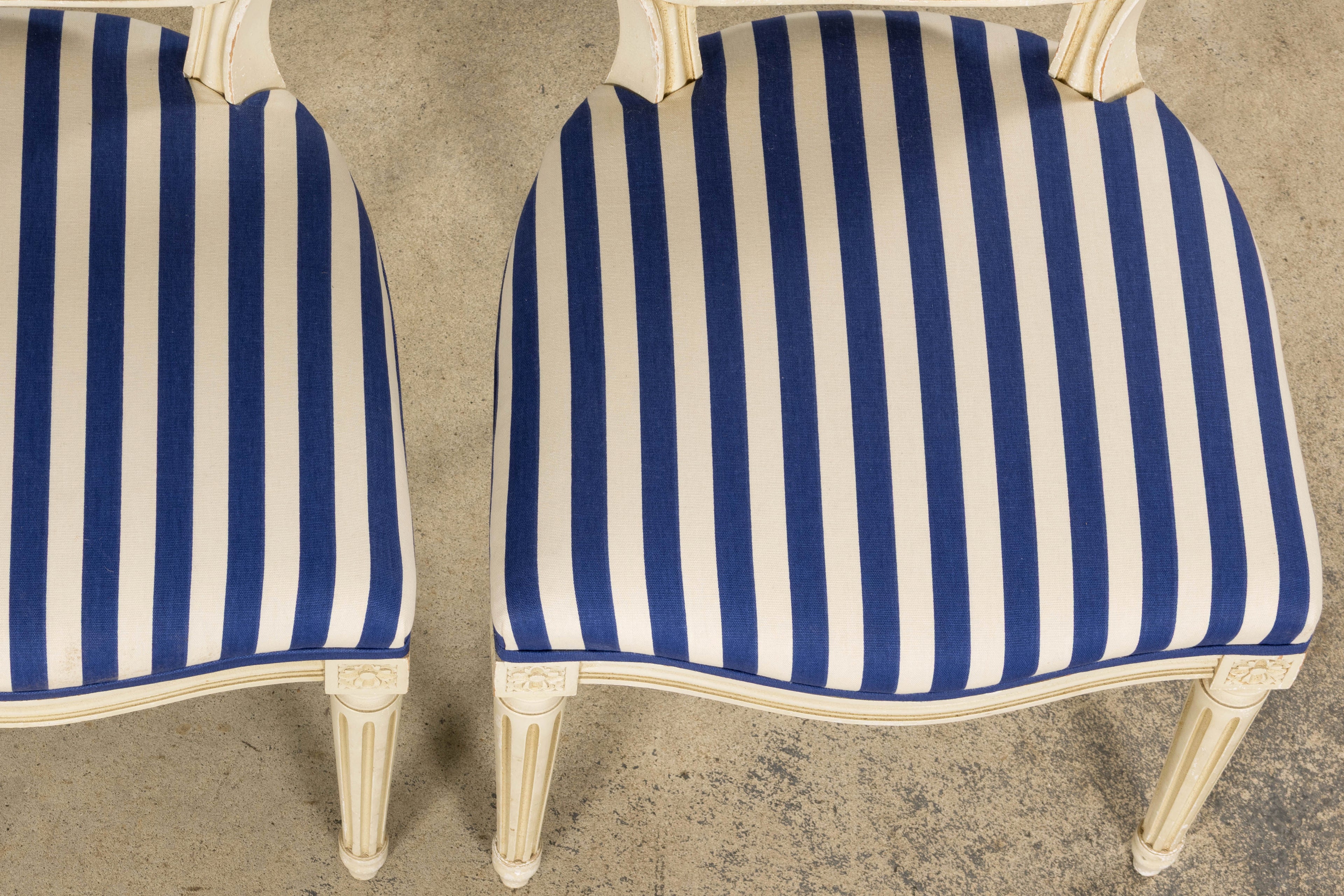 Pair of Antique French Louis XVI Style Painted Side Chairs in Blue Stripe
