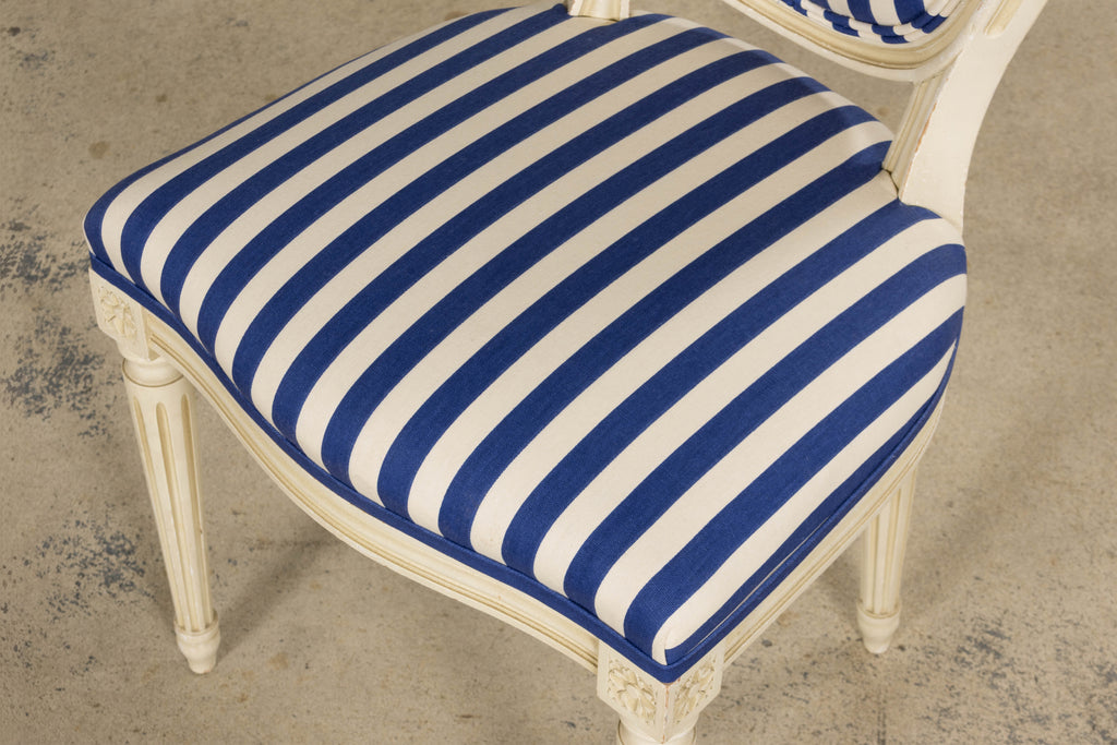 Pair of Antique French Louis XVI Style Painted Side Chairs in Blue Stripe