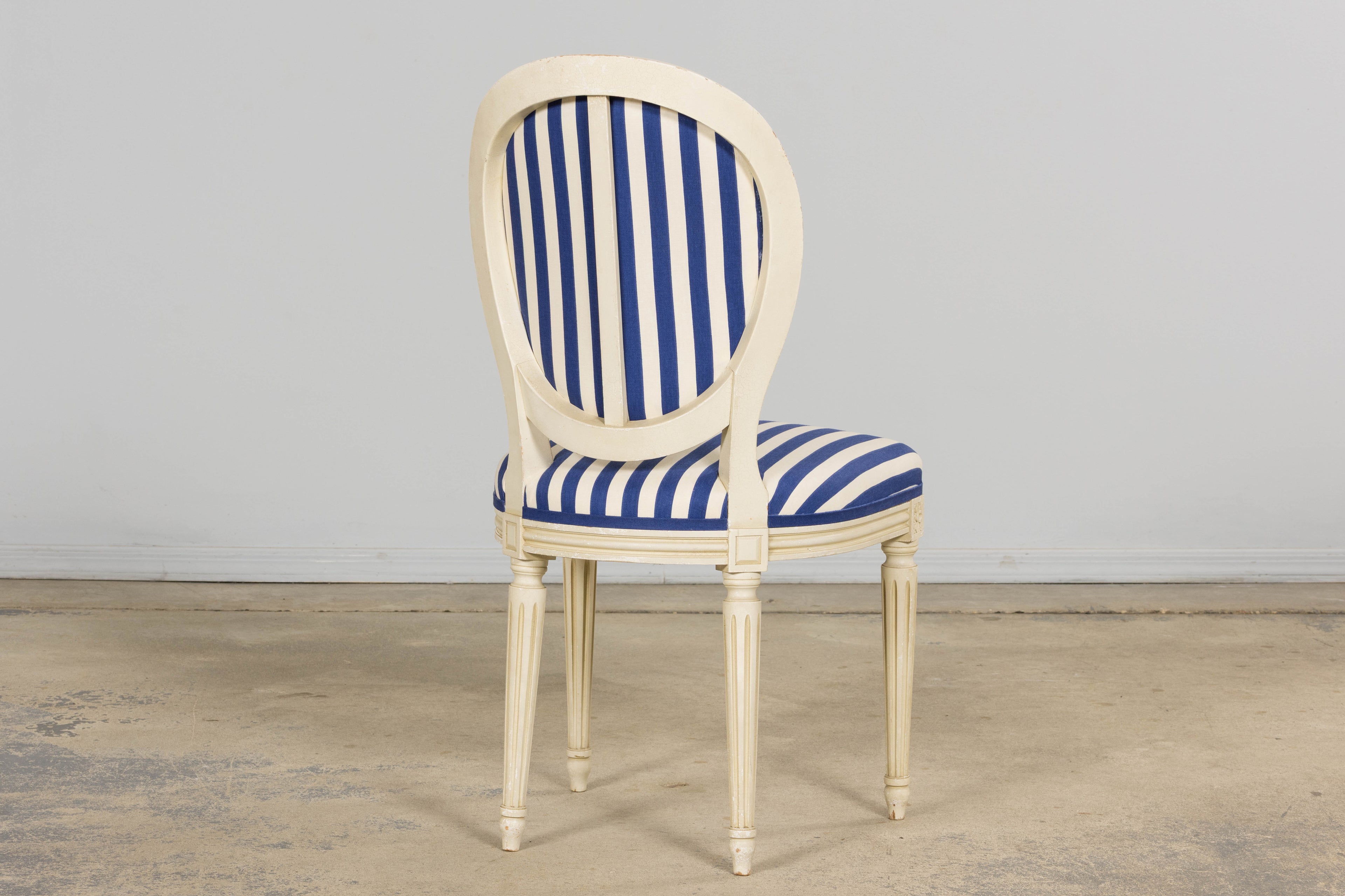 Pair of Antique French Louis XVI Style Painted Side Chairs in Blue Stripe