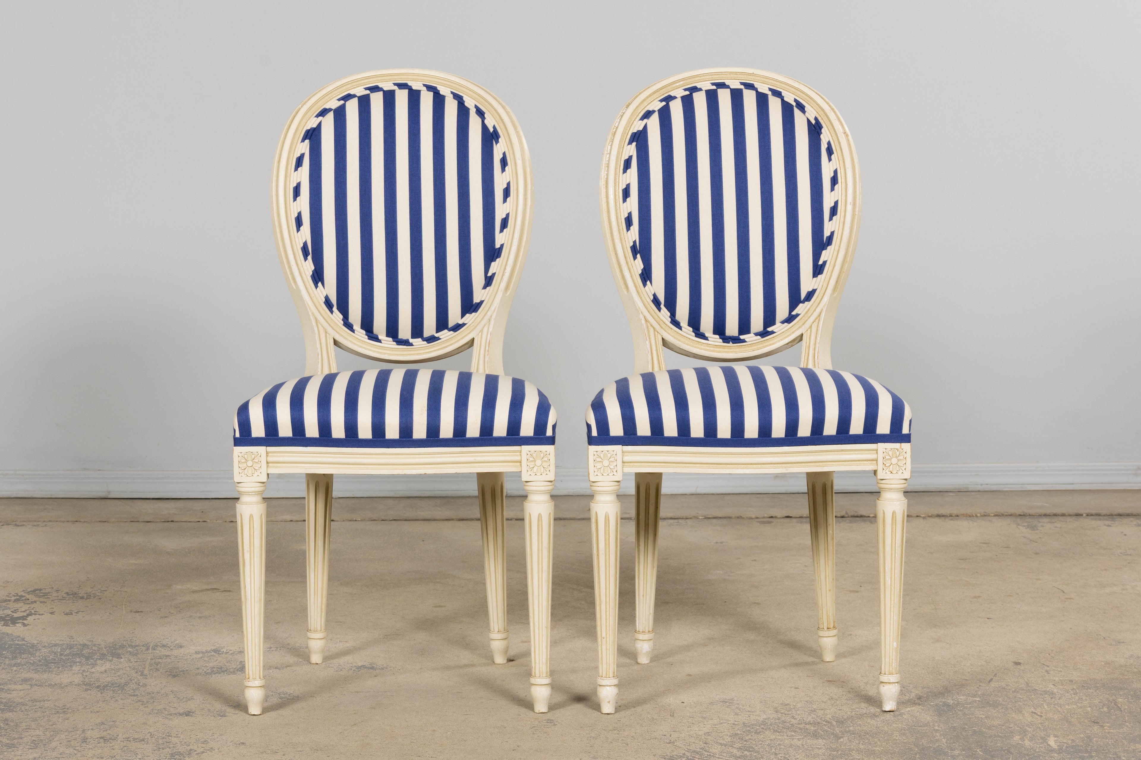 Pair of Antique French Louis XVI Style Painted Side Chairs in Blue Stripe