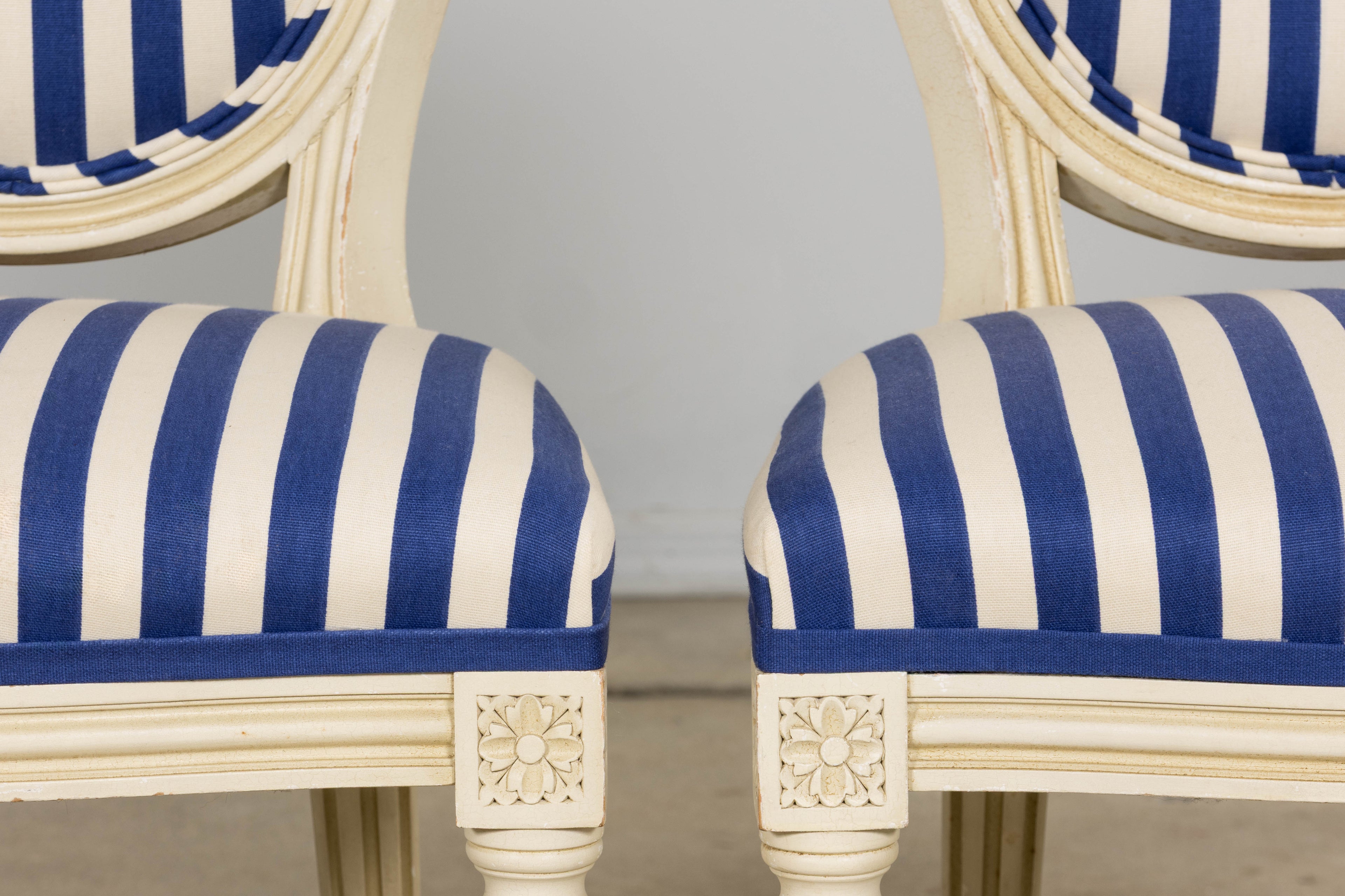 Pair of Antique French Louis XVI Style Painted Side Chairs in Blue Stripe