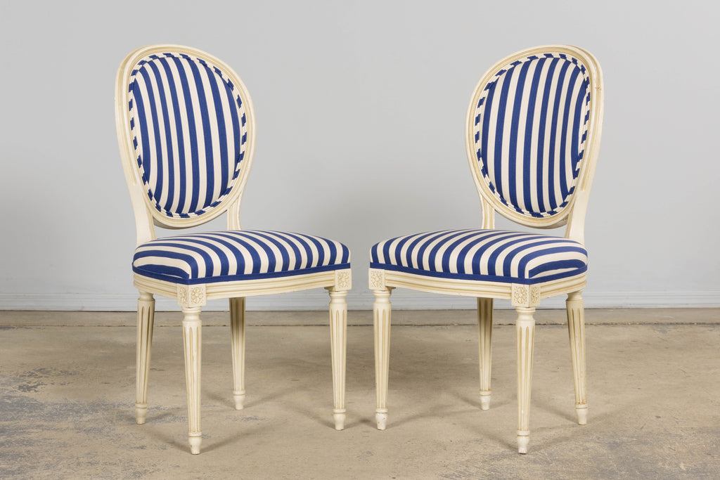 Pair of Antique French Louis XVI Style Painted Side Chairs in Blue Stripe