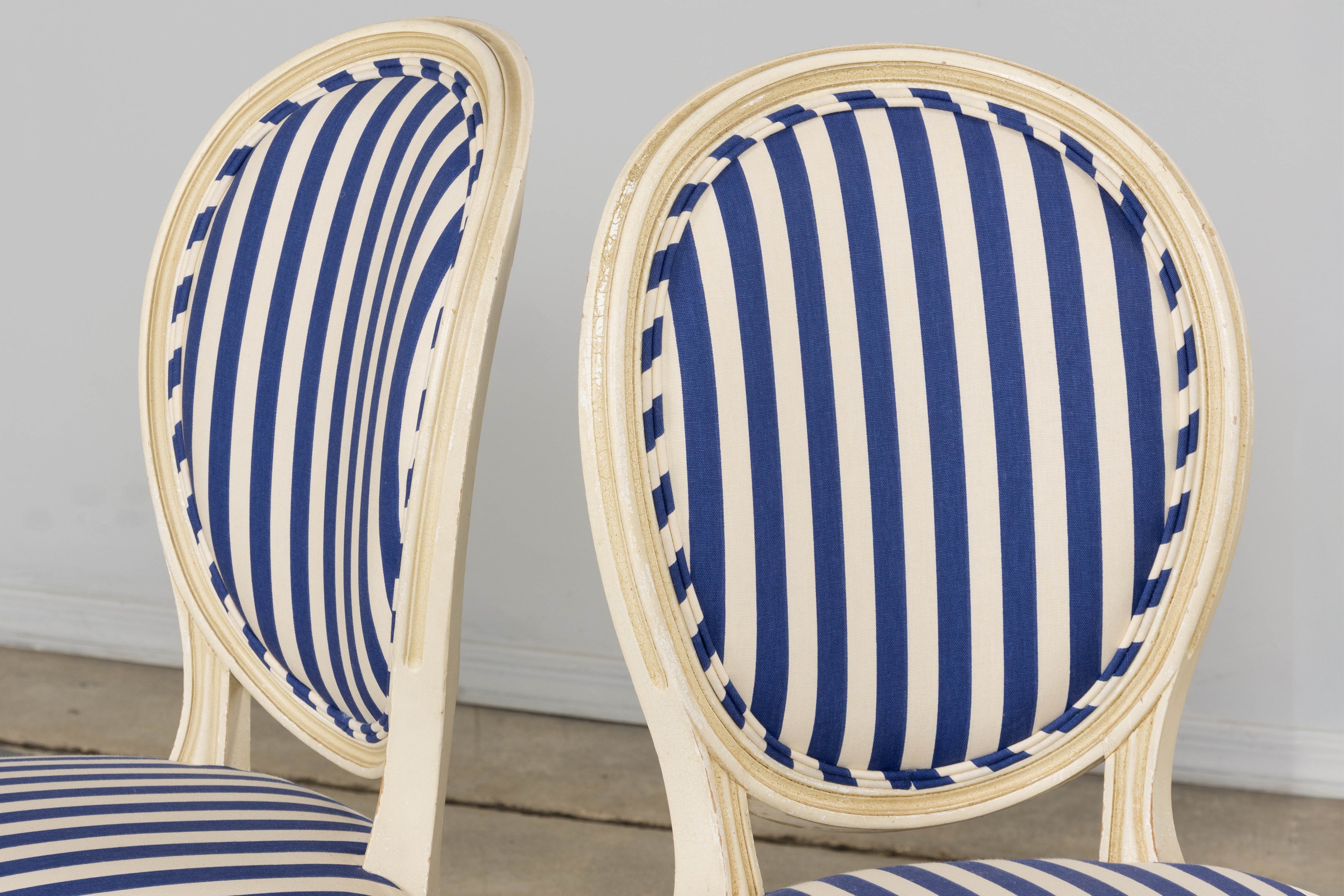 Pair of Antique French Louis XVI Style Painted Side Chairs in Blue Stripe