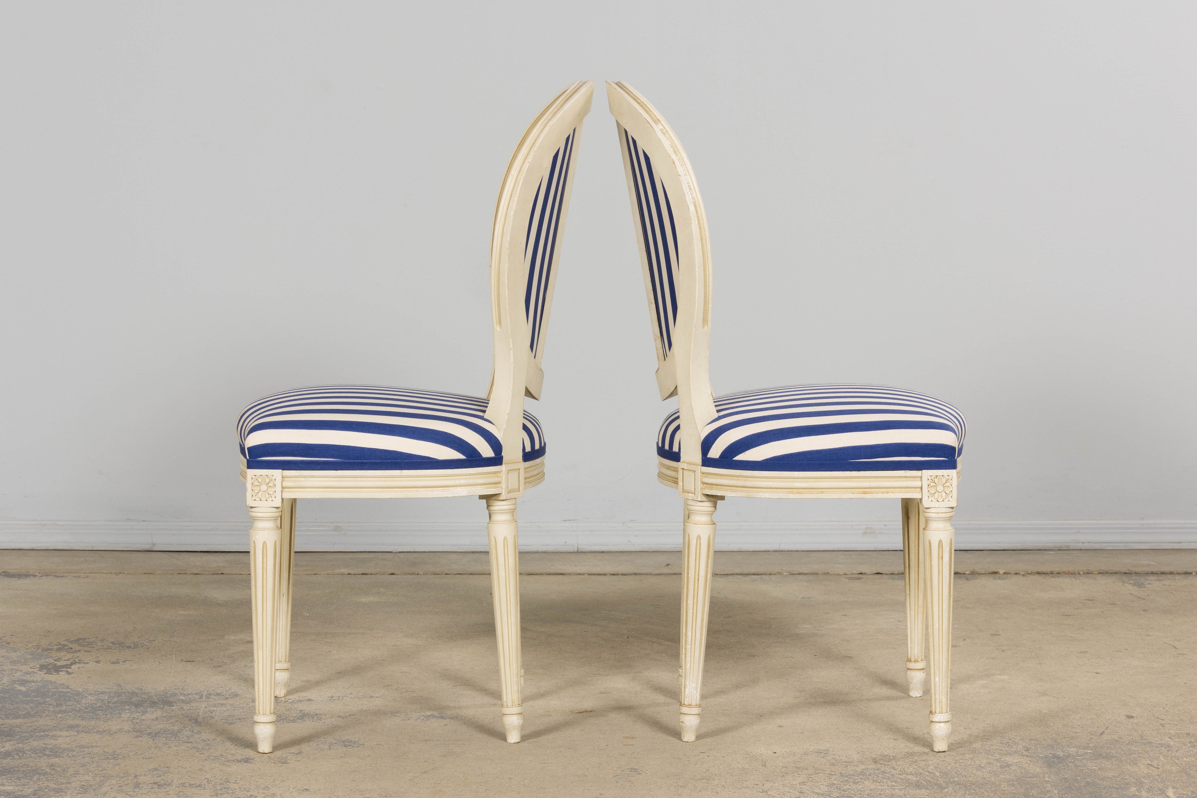 Pair of Antique French Louis XVI Style Painted Side Chairs in Blue Stripe