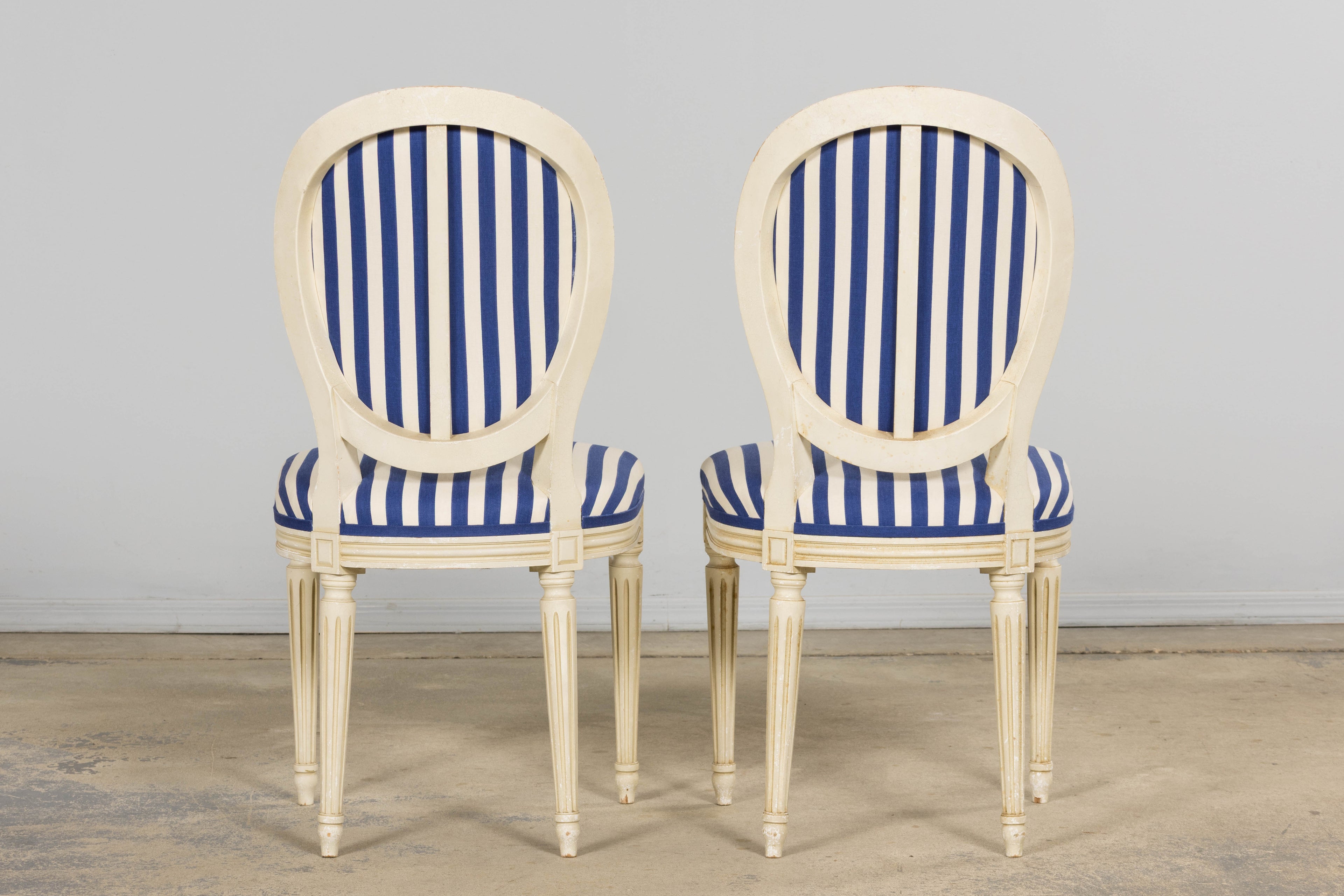 Pair of Antique French Louis XVI Style Painted Side Chairs in Blue Stripe