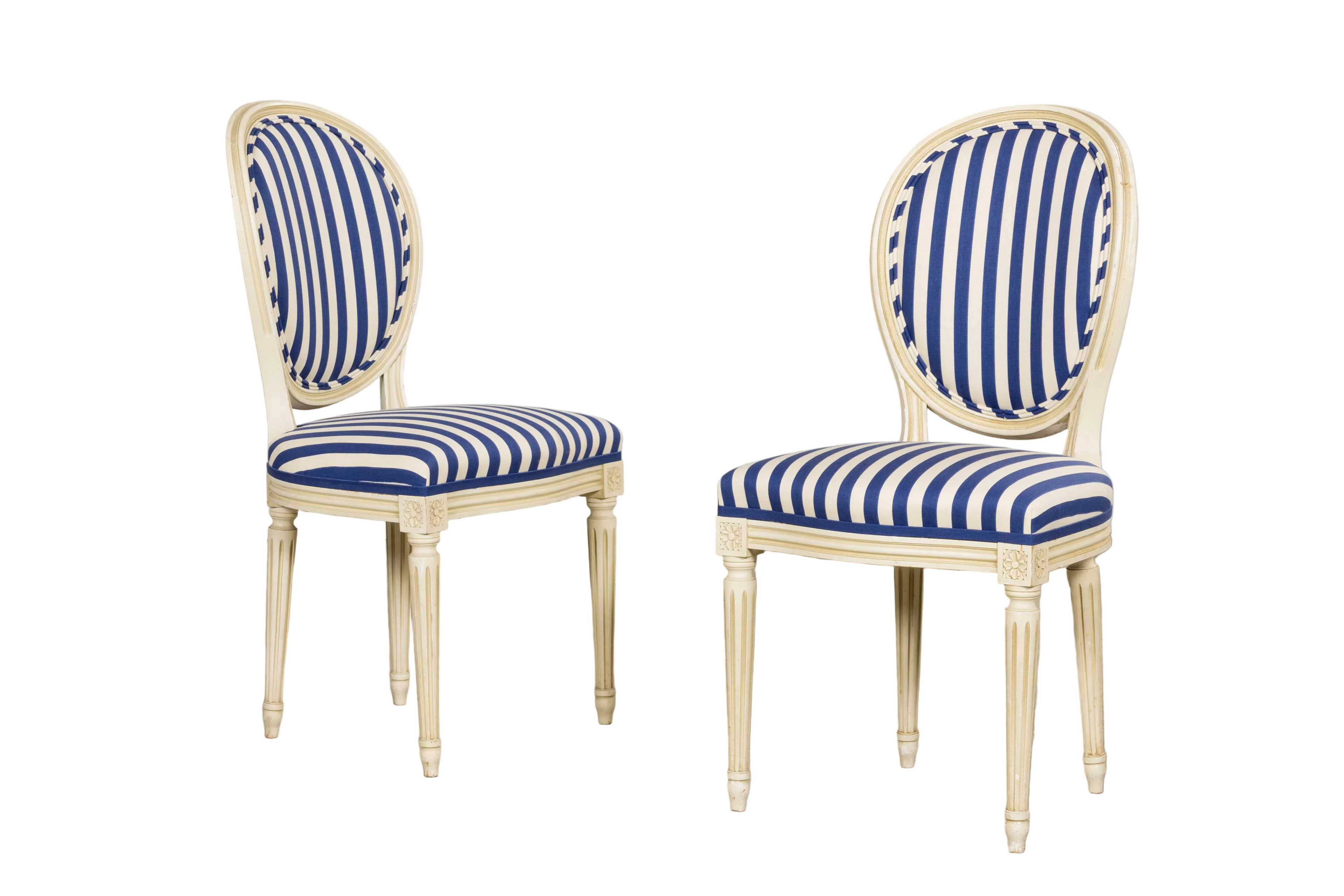Pair of Antique French Louis XVI Style Painted Side Chairs in Blue Stripe