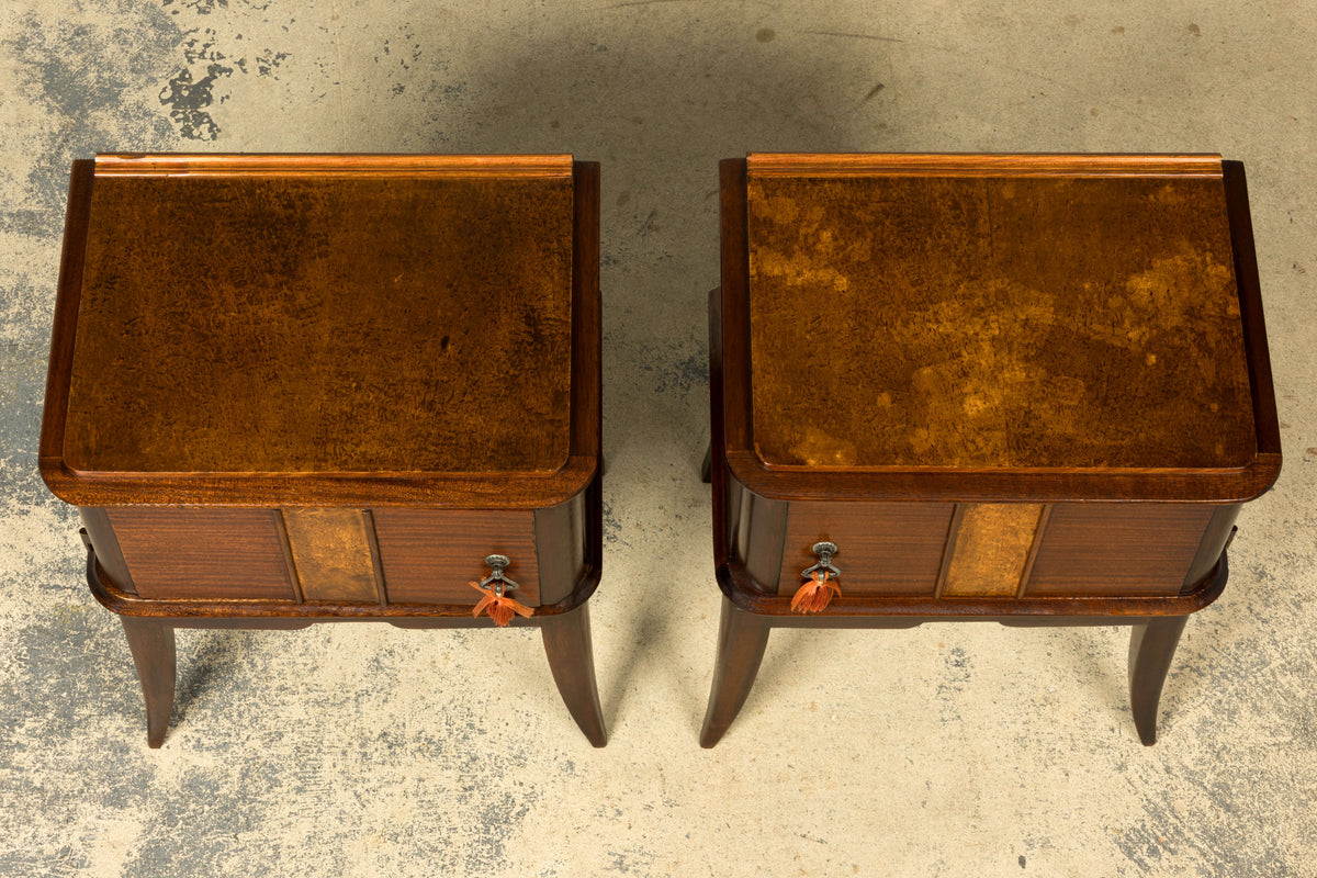 Pair of French Art Deco Mahogany and Burl Wood Nightstands, 1930s
