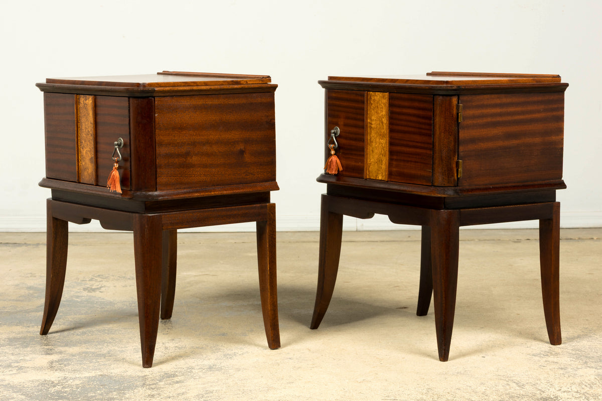 Pair of French Art Deco Mahogany and Burl Wood Nightstands, 1930s