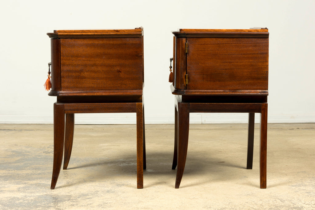 Pair of French Art Deco Mahogany and Burl Wood Nightstands, 1930s