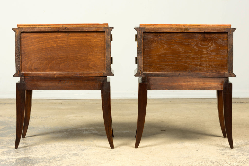Pair of French Art Deco Mahogany and Burl Wood Nightstands, 1930s