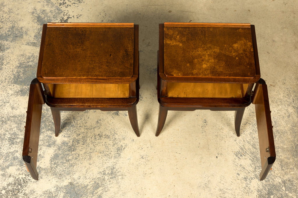 Pair of French Art Deco Mahogany and Burl Wood Nightstands, 1930s
