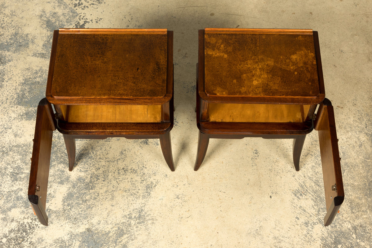 Pair of French Art Deco Mahogany and Burl Wood Nightstands, 1930s