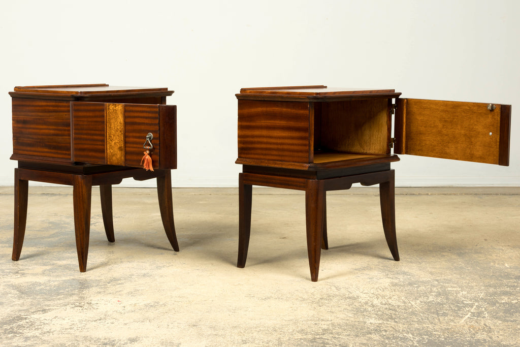 Pair of French Art Deco Mahogany and Burl Wood Nightstands, 1930s