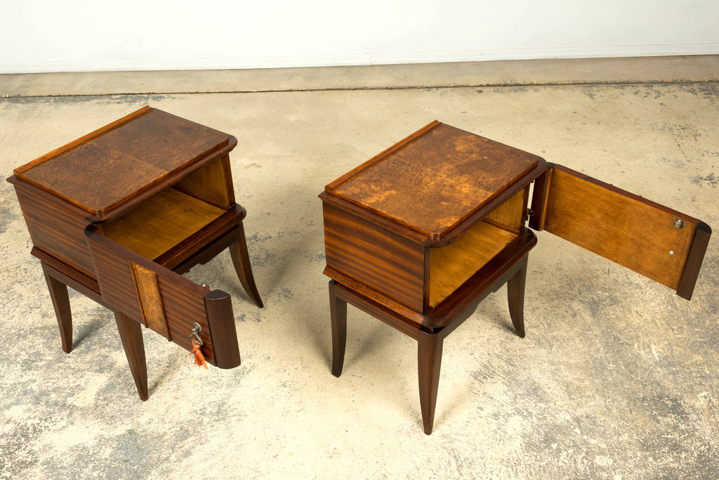 Pair of French Art Deco Mahogany and Burl Wood Nightstands, 1930s