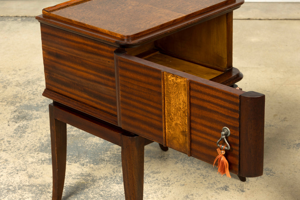 Pair of French Art Deco Mahogany and Burl Wood Nightstands, 1930s