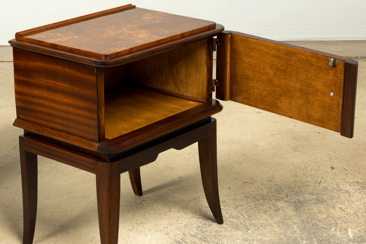 Pair of French Art Deco Mahogany and Burl Wood Nightstands, 1930s