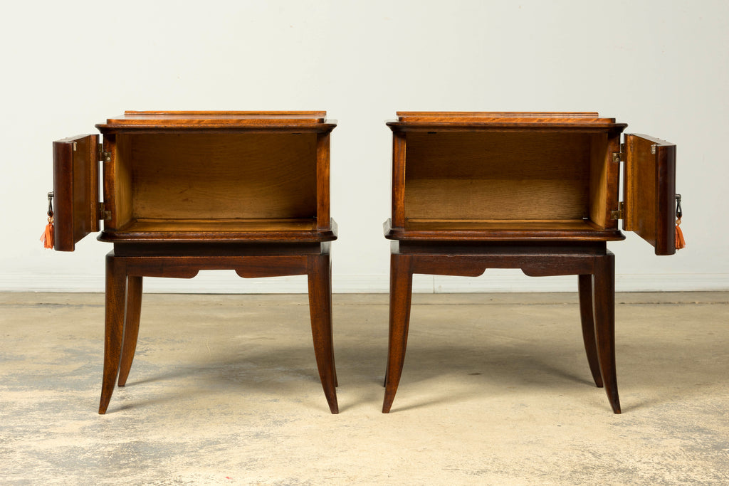 Pair of French Art Deco Mahogany and Burl Wood Nightstands, 1930s