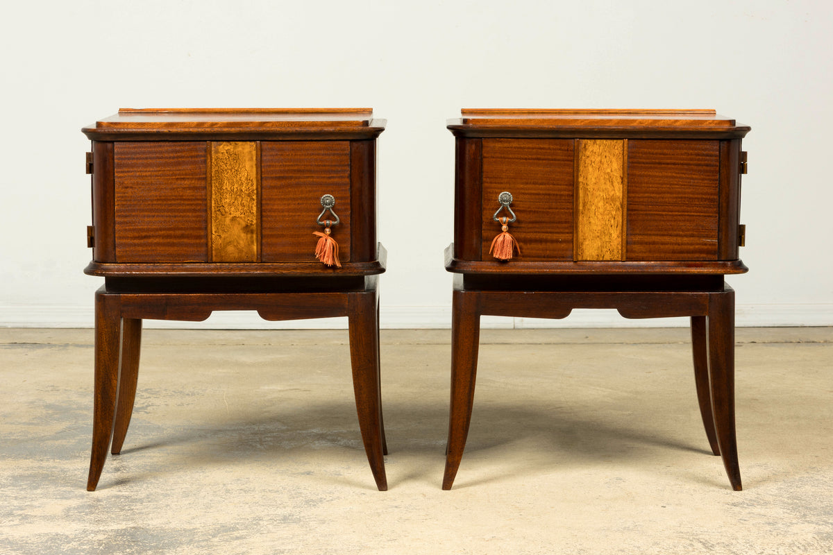 Pair of French Art Deco Mahogany and Burl Wood Nightstands, 1930s