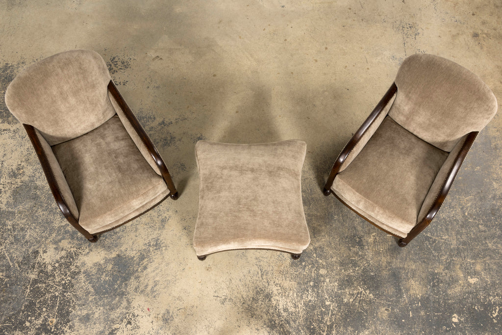 Pair of French Art Deco Mohair Club Chairs with Ottoman, Paris, 1930s
