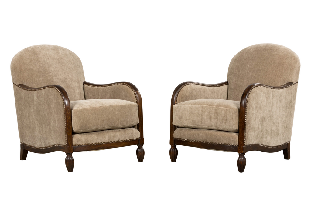 Pair of French Art Deco Mohair Club Chairs with Ottoman, Paris, 1930s