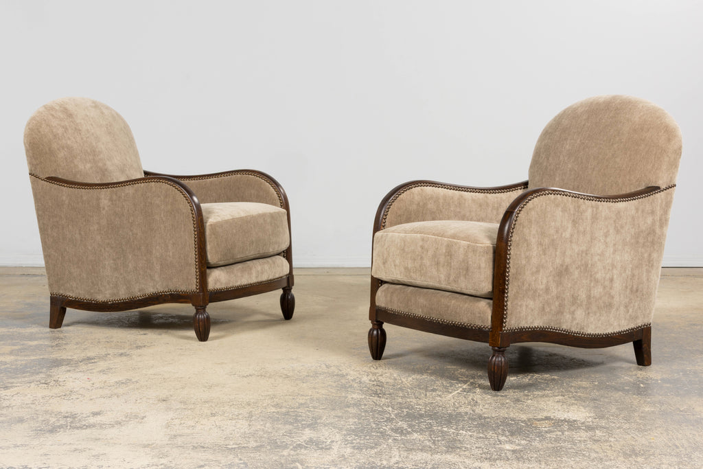 Pair of French Art Deco Mohair Club Chairs with Ottoman, Paris, 1930s