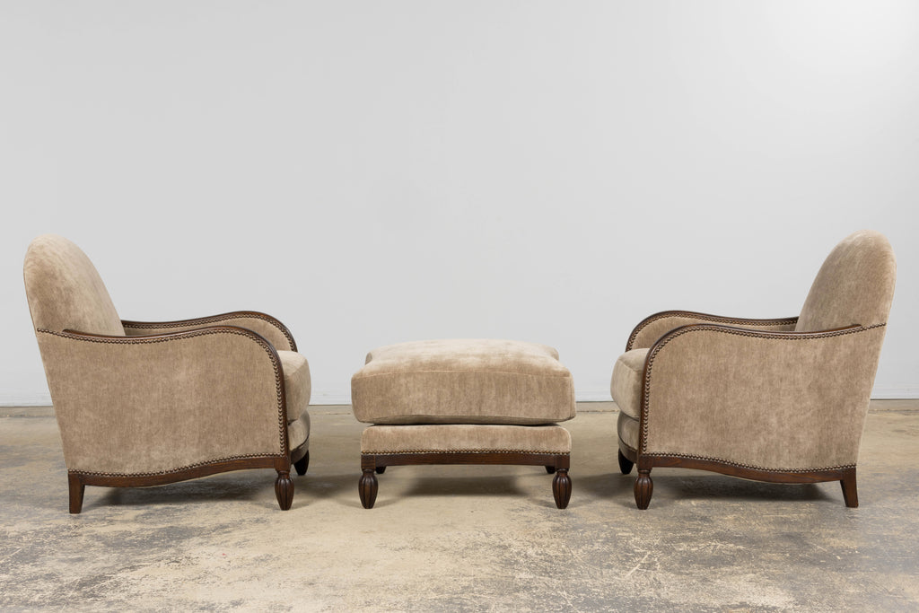 Pair of French Art Deco Mohair Club Chairs with Ottoman, Paris, 1930s