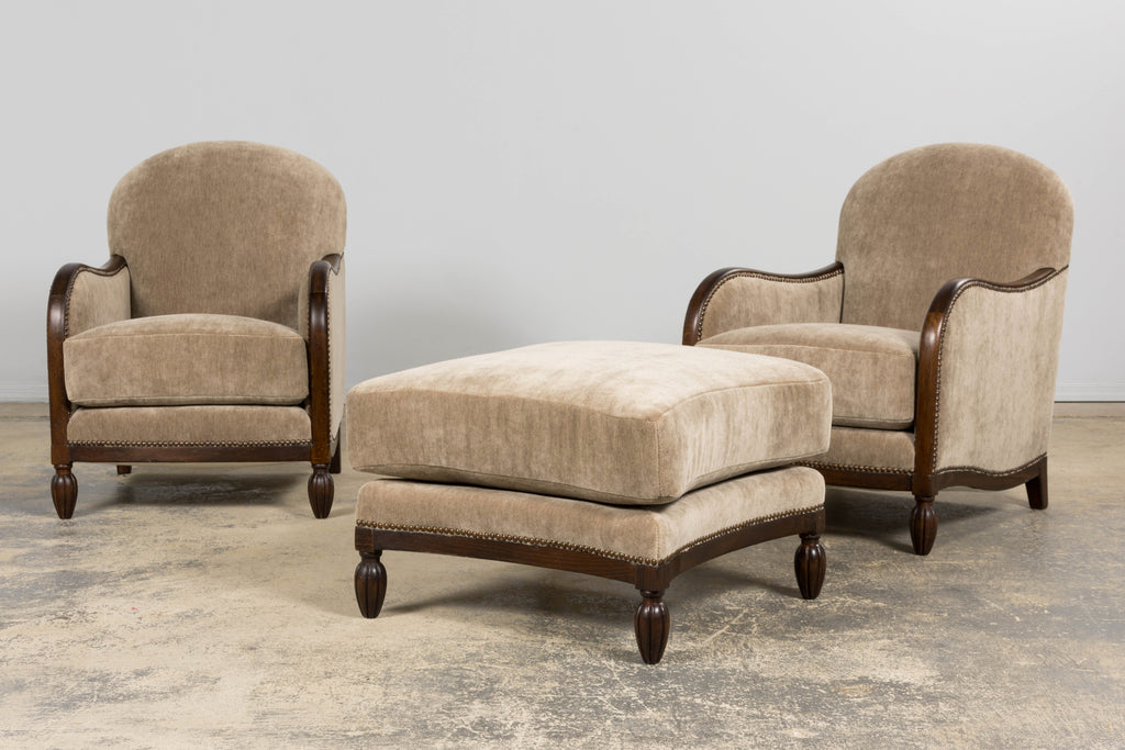 Pair of French Art Deco Mohair Club Chairs with Ottoman, Paris, 1930s