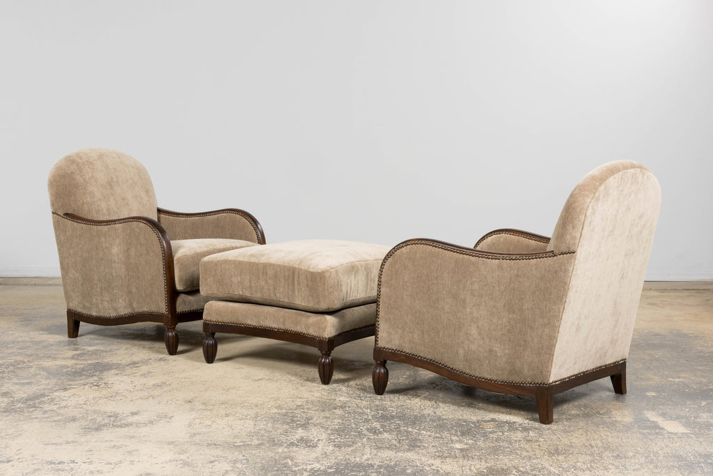 Pair of French Art Deco Mohair Club Chairs with Ottoman, Paris, 1930s