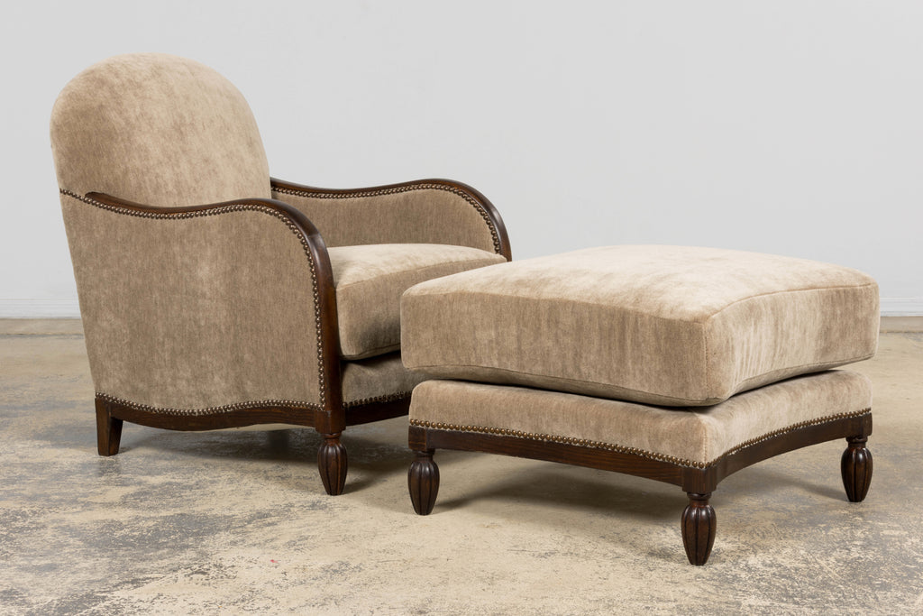 Pair of French Art Deco Mohair Club Chairs with Ottoman, Paris, 1930s