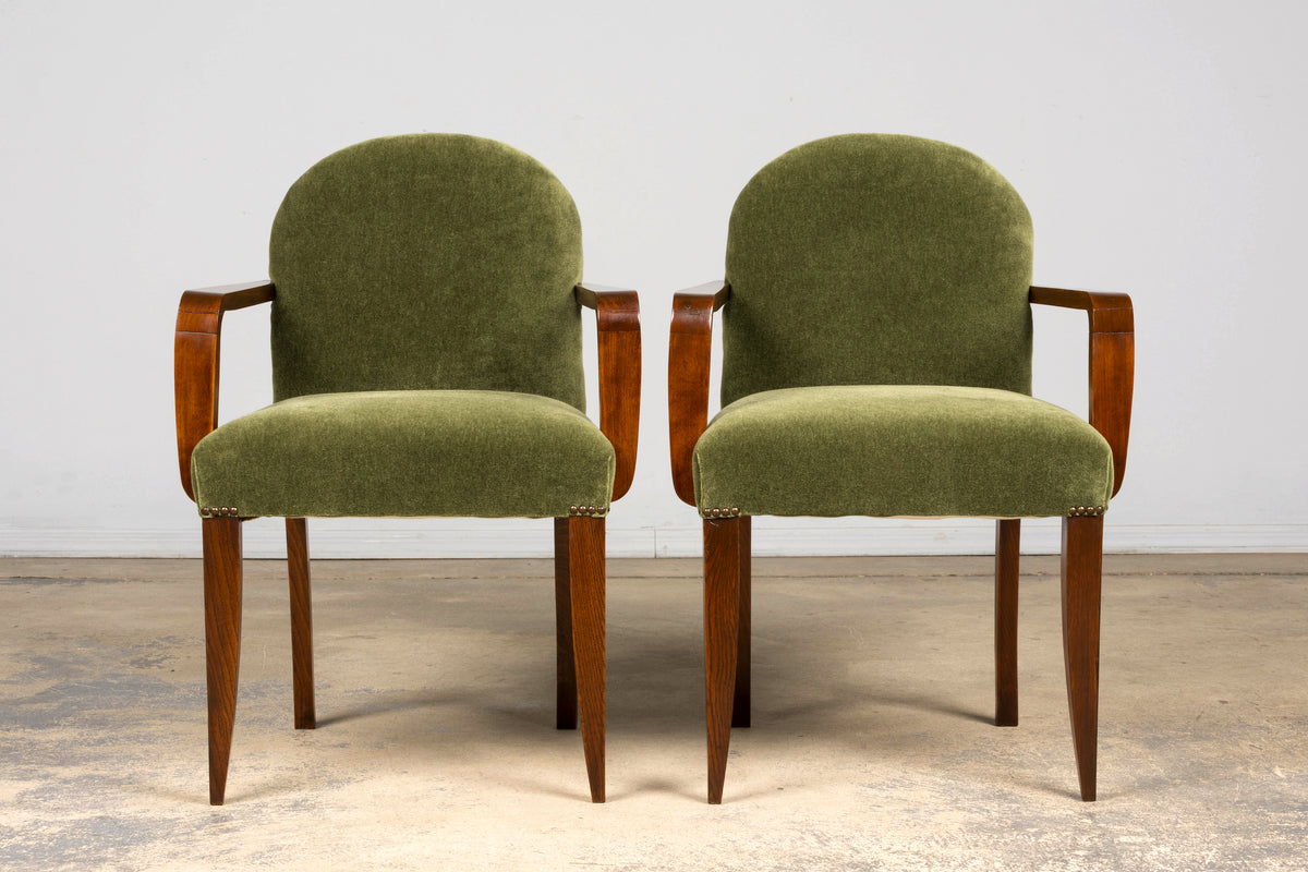 Pair of French Art Deco Oak Armchairs in Olive Green Mohair, 1930s