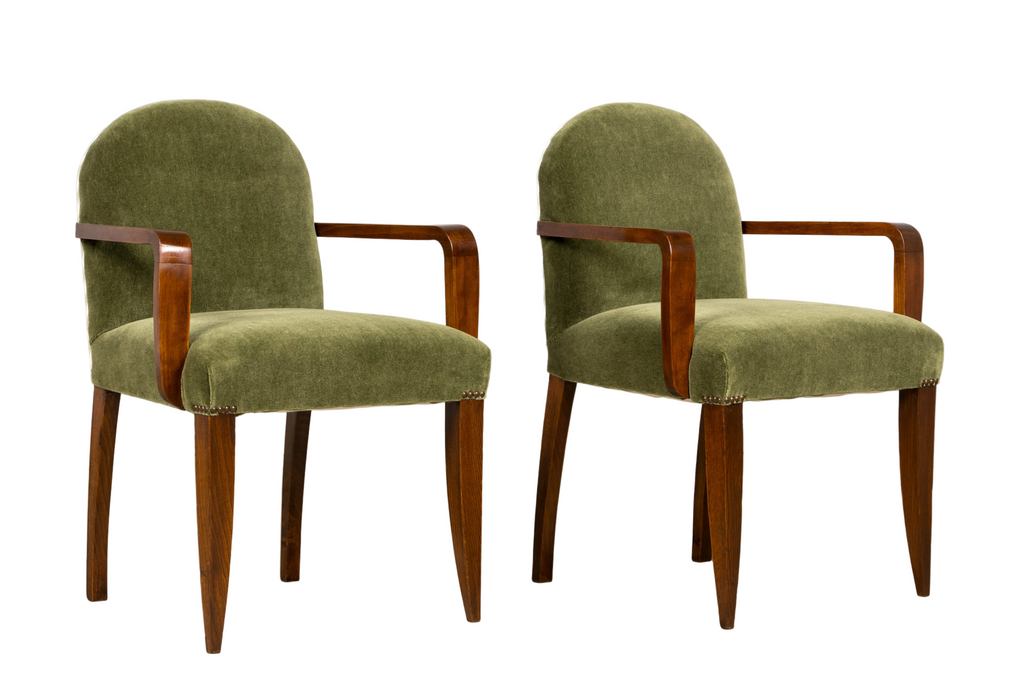 Pair of French Art Deco Oak Armchairs in Olive Green Mohair, 1930s