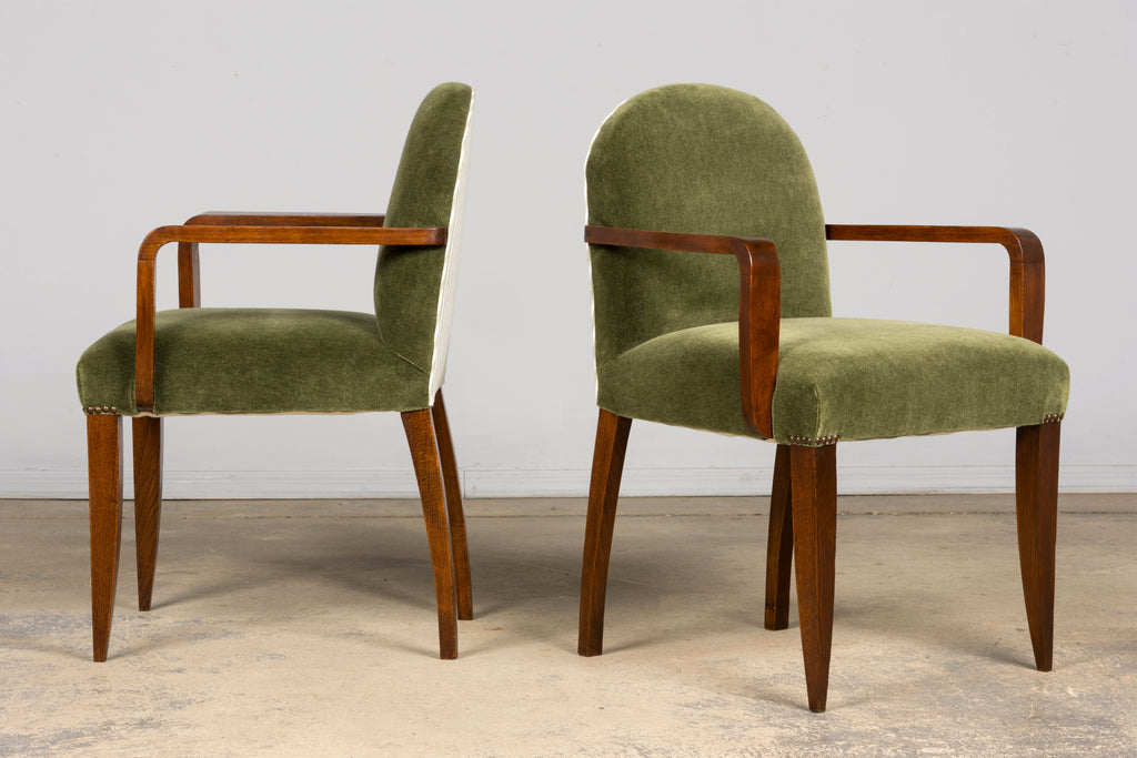 Pair of French Art Deco Oak Armchairs in Olive Green Mohair, 1930s