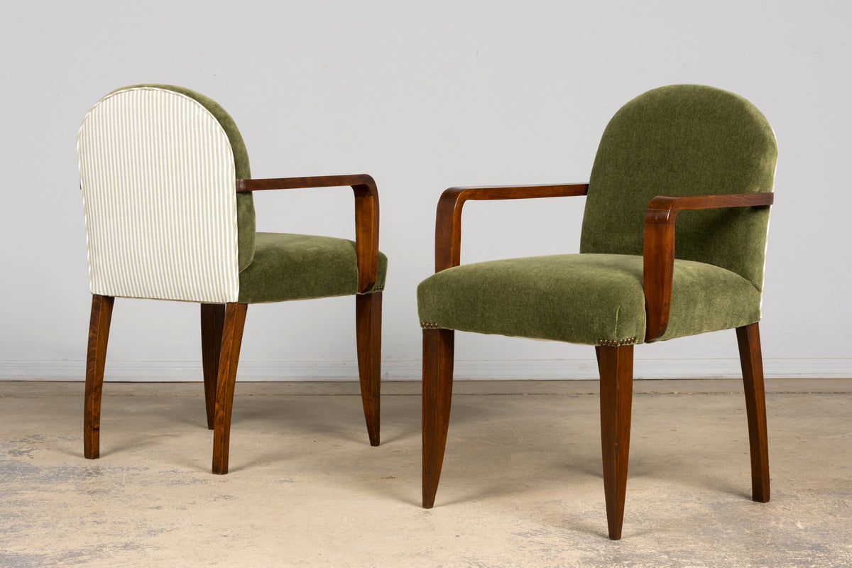 Pair of French Art Deco Oak Armchairs in Olive Green Mohair, 1930s