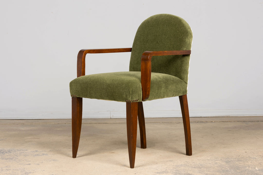 Pair of French Art Deco Oak Armchairs in Olive Green Mohair, 1930s