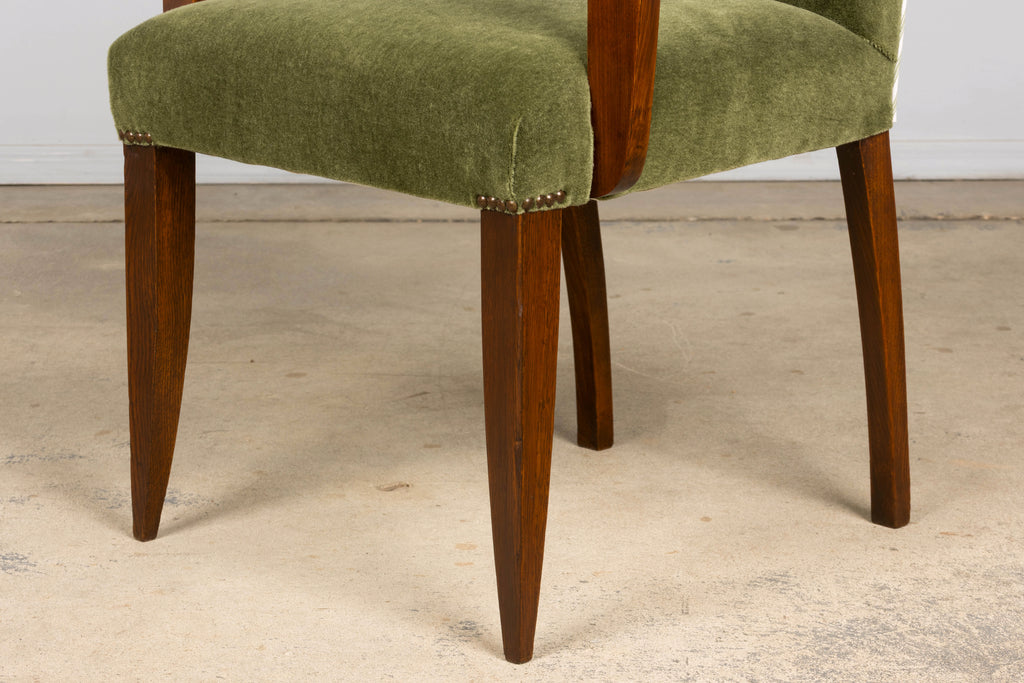 Pair of French Art Deco Oak Armchairs in Olive Green Mohair, 1930s